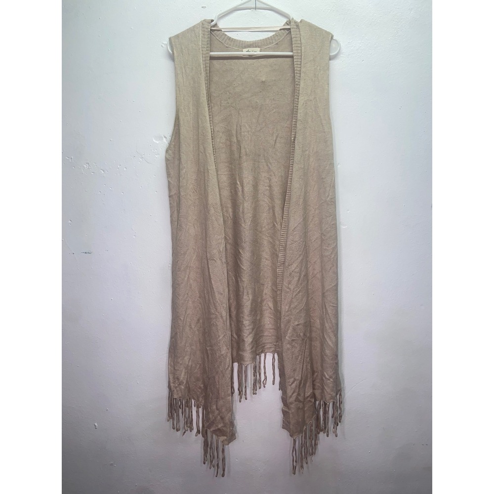 Ana Couture Western Beige Open Front Fringe Knit Vest Cardigan Longline Tan Boho